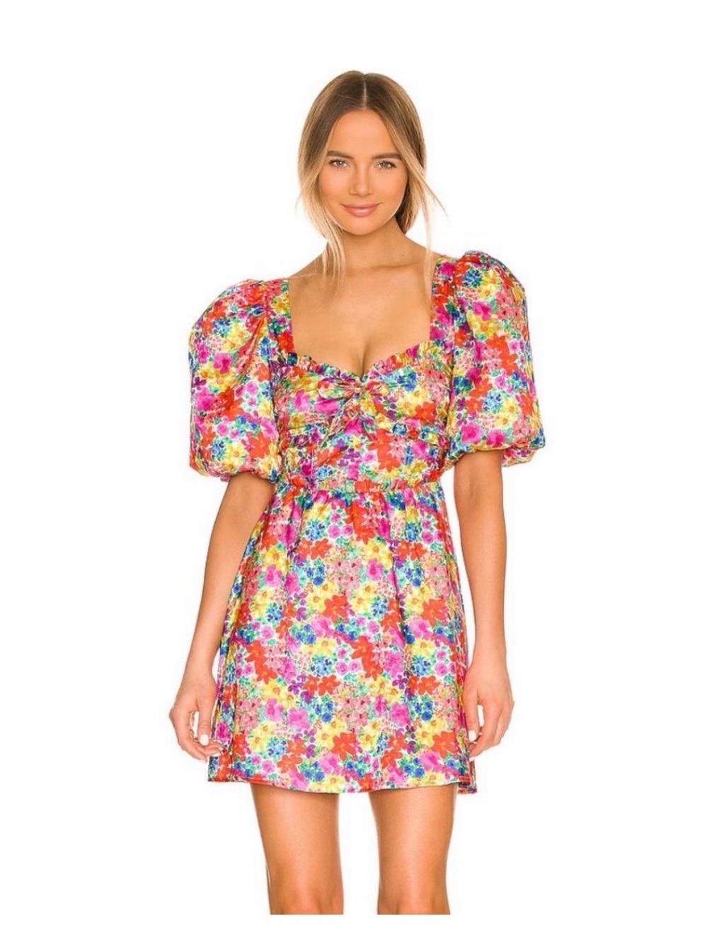 NEW For Love & Lemons Merrill Puff Sleeve Mini Dress Red Floral Colorful Medium